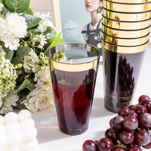 LIYH 100 Pcs Gold Plastic Cups - 16 OZ Clear Black and Gold Rim Plastic Wine Cups Big Size Fancy Disposable Wine Glasses P...