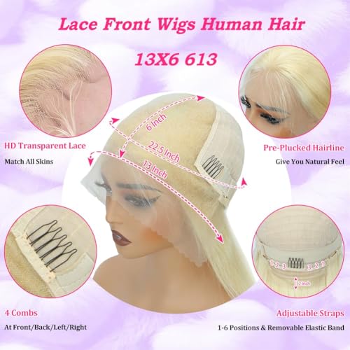 24 Inch 613 Lace Front Wig Human Hair Blonde 13X6 HD Transparent Lace Front Wigs Human Hair 180 Density Blonde Glueless Wigs 613 HD Straight Lace Frontal Wig Pre Plucked