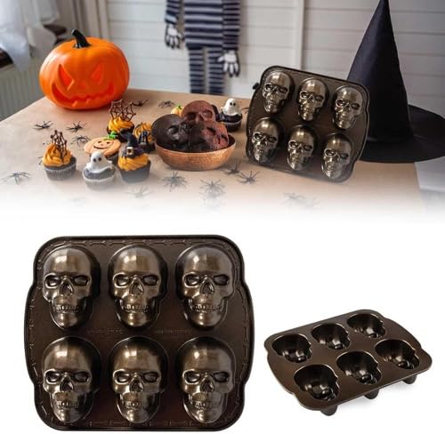 GUOFHUIM Halloween Skull Mold, Haunted Skull Cakelet Pan Skull Molds for Baking Skull Cake Pan Aluminum 3D Halloween Skull Baking Pan