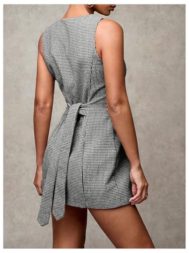 SOLY HUX Women's Plaid Button Down Dress Crew Neck Sleeveless Tie Back Work Office Mini Dresses