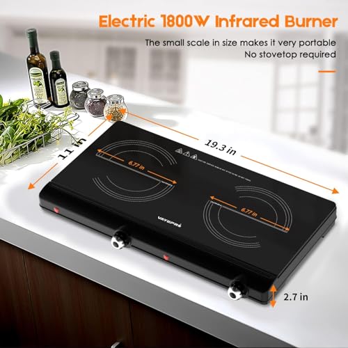 Infrared Double Burner Electric Cooktop - 1800W Portable Stove, Heat-up In Seconds, Countertop Cooktop for Dorm, Compatibl...