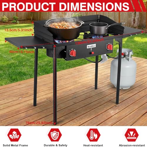 Bestfire 2 Burner Camping Stove with Windpanel& Side Shelves, Bag, Auto Ignition Button,Regulator,150,000 BTU Camping Stov...