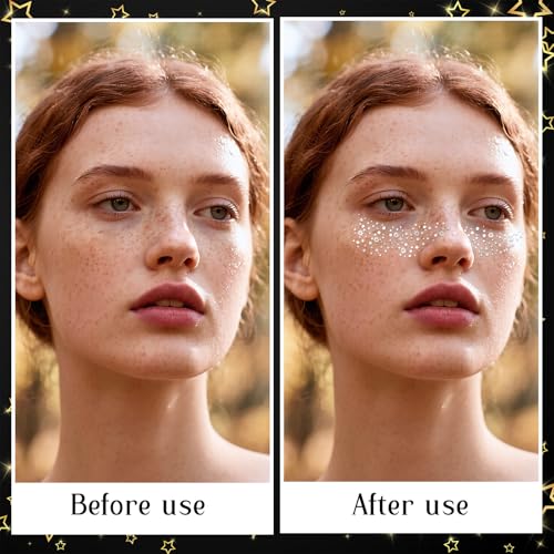 12 Pcs Silver Makeup Patches, Body Face Glitter Freckle Tattoos Glow Up Cosmetic Cute Glitter Makeup Accessories for Hallo...