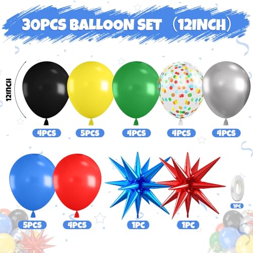 Black and Red Yellow Blue Balloons, 12 Inch Black Red Yellow Blue Green Metallic Silver Confetti Balloons with Star Foil B...