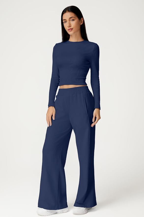QINSEN Womens 2 Piece Sets Long Sleeve Slim Fit Crop Tops Wide Leg Pants Matching Lounge Set