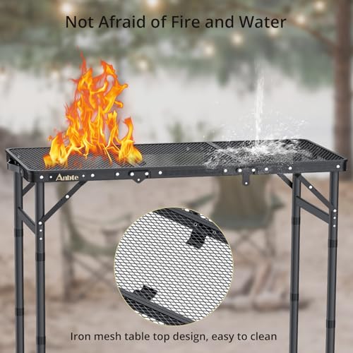 Anbte Folding Grill Table, 3ft Tri-Fold Aluminum Folding Table Adjustable Height Max 27.5" Grill Table with Mesh Desktop, ...