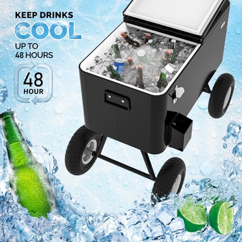 VINGLI 80 Quart Wagon Rolling Cooler Ice Chest, w/Long Handle and 10" Wheels, Portable Beach Patio Party Bar Cold Drink Be...