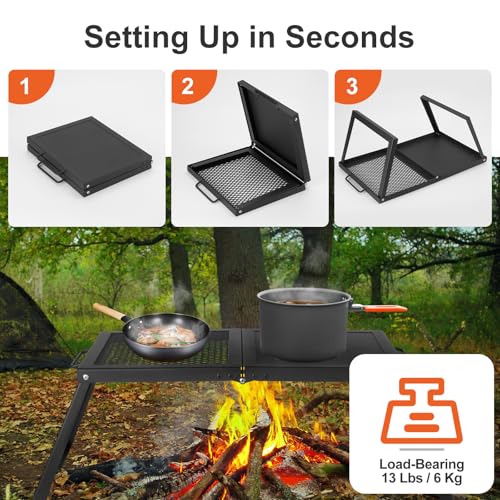 Odoland Folding Campfire Grill, Heavy Duty Steel Mesh Grate with Folding Legs and Storage Bag, Portable Camping Grates, Ov...