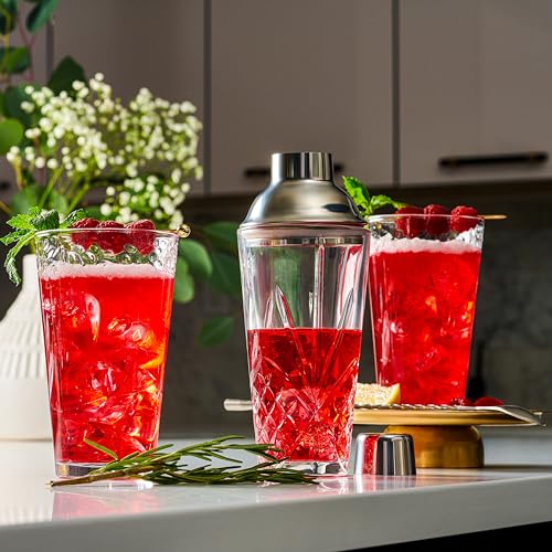 Glass Cocktail Shaker, Martini Shaker with Stainless Steel Lid & Strainer, Bartender Professional Bar Mixing Glass Pitcher...