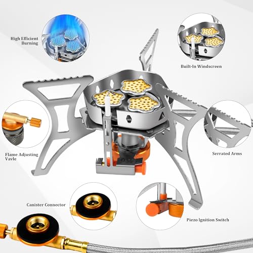 6800W Camping Backpacking Stove, Outdoor Portable Burner Cooking Stove with Fuel Canister Adapter, Piezo Ignition, Carry C...
