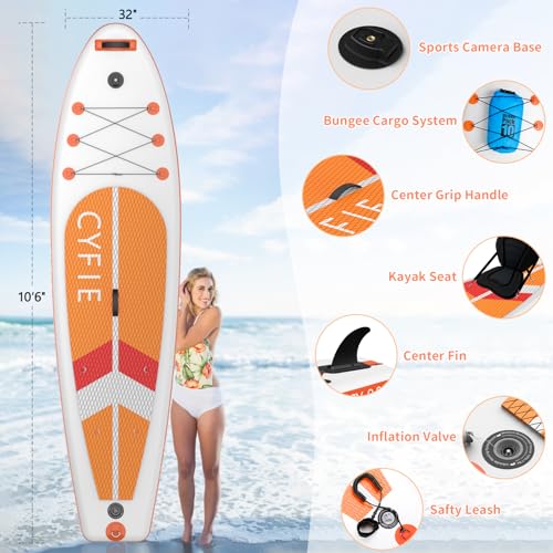 CYFIE 10'6''Inflatable Stand Up Paddle Board, Paddle Boards with Premium SUP Paddle Board Accessories, Removable Kayak Sea...