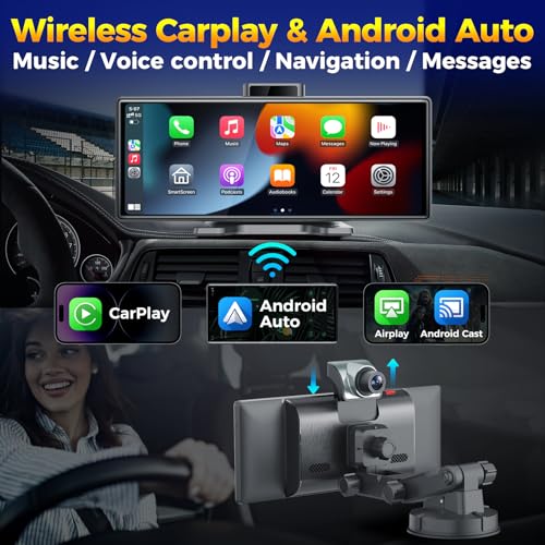 JATAZA 10.26" Wireless Apple CarPlay Android Auto Car Screen - Secure Strong Bracket, 4K Dash Cam, GPS Navigation, HD Touc...