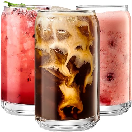 Le'raze Set of 6 Patented Can Shaped® Drinking Glasses - 16oz Clear Goblet Glass Cups for Margarita, Cocktails, Iced Coffe...