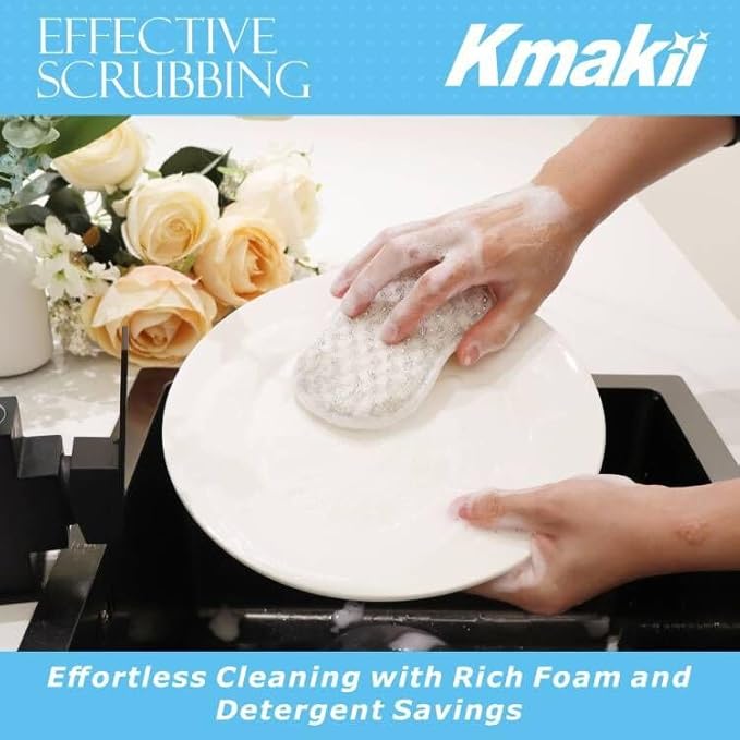 KMAKII Bamboo Fiber Scrub Sponges, Non-Scratch & Durable,6.3 × 3.1 inches, White, 4-Pack