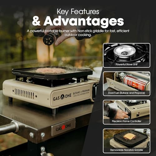 GasOne GS-3400P-KIT Propane or Butane Gas Stove with Flat Top Griddle Included – Dual Fuel Propane Grill Tent Stove Burner...
