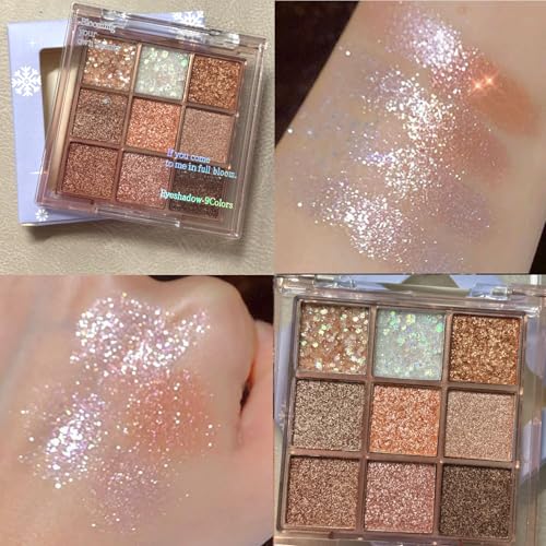 9 Colors Glitter Shimmer Eyeshadow Makeup Palette, Korean Sparkle Neutral Eye Shadow Palettes Highly Pigmented Long Lastin...