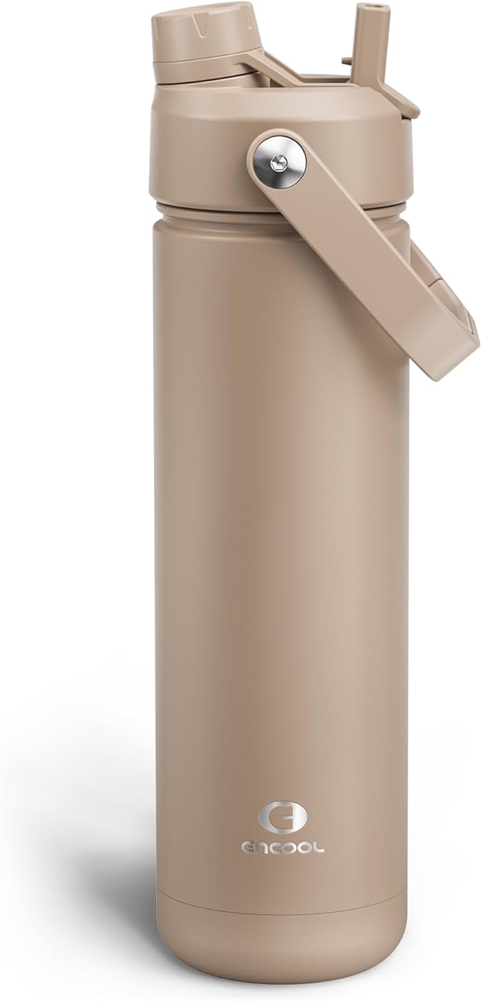 ENCOOL Insulated Water Bottle with Straw Stainless Steel Water Bottle, Leak-Proof, BPA-Free, Double Wall Vacuum Keeps Cold for 24 Hours for Sports, Travel, School (26 oz, Raw Umber)