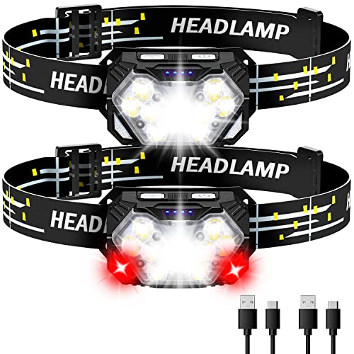 Eirnvop 2000LM Ultra Bright 9 LED Headlamp, 2 Pack USB C Rechargeable Headlights, 10 Modes, Motion Sensor, Waterproof Head...