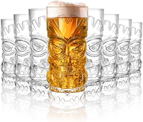 Hacaroa 8 Pack 17 Oz Plastic Tiki Cups, Clear Tiki Cocktail Mug Luau Cup Hawaiian Party Drinking Tumblers for Lemonade, Mi...