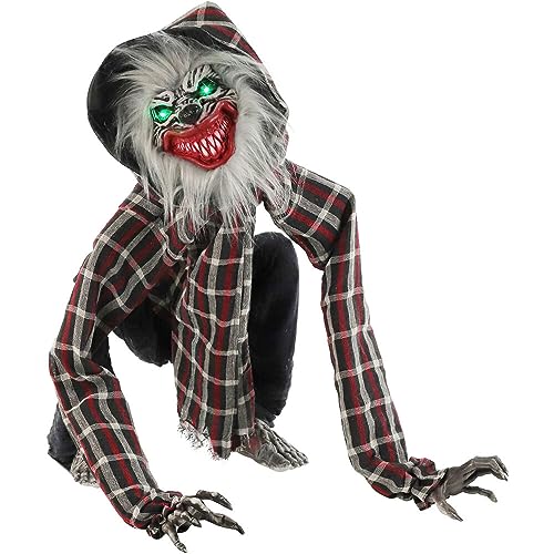 Haunted Hill Farm Squatting Werewolf Animatronic with Movement,Sounds,and Light-Up Eyes for Scary Halloween Decoration,24 x 18 x 30