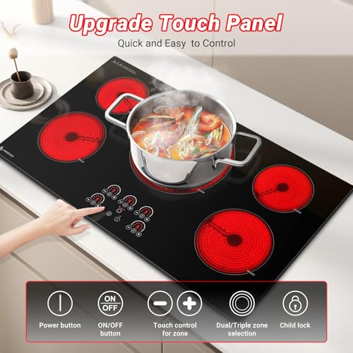 AMZCHEF Electric Cooktop 36 Inch,5 Burners Built-in Electric Stove Top,Max 9000W Ceramic Glass Countertop with Touch Contr...