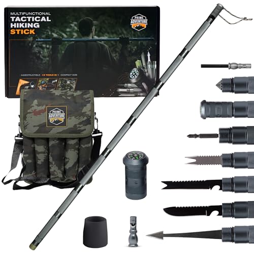 Prime Adventure 15-in-1 Tactical Survival Walking Stick & Hiking Staff – Heavy-Duty Collapsible Multitool for Camping, Hik...