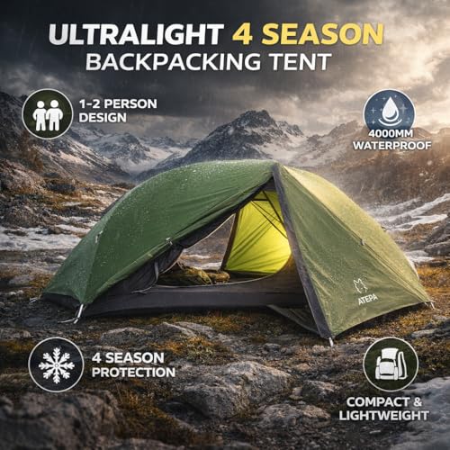 ATEPA Voyage 1-2 Person Backpacking Tent, 4 Season Ultralight Compact Tent, 4000mm Waterproof 20D Nylon Rainfly & Aluminum...