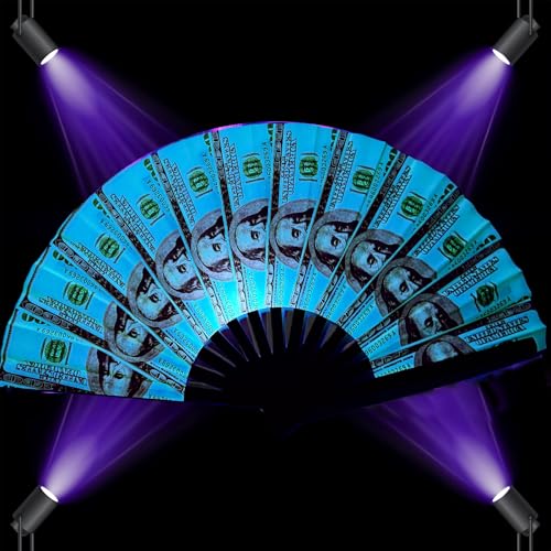 YKuzLx 13‘’ UV Glow Large Rave Fan for Men Women, Decorative Folding Hand Fan for Party, Home Decoration, Gift, Music Fest...