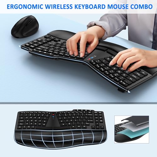 Ergonomic Wireless Keyboard Mouse Combo, Bluetooth/2.4G Split Design Keyboard with Palm Rest and 3 Levels DPI Adjustable W...