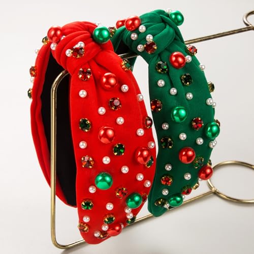 Sokfone Women's Pearl Knotted Headband - Top Knot Holiday Headband, Red and Green Pearl Rhinestone Crystal Gem Hairband, C...