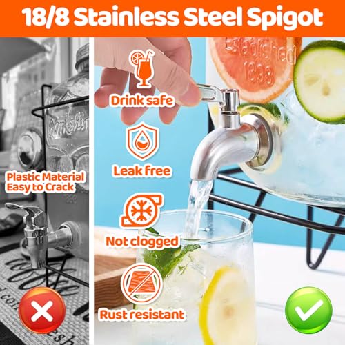 2 PCS 2 Gallon Drink Dispensers - Glass Peverage Dispenser for Parties with 18/8 Stainless Steel Spigots, Lemonade Dispens...