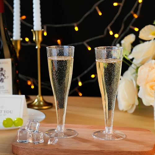 Bestluck 100 Pack Champagne Flutes Plastic, 4.5 oz Silver Glitter Plastic Disposable Stemware, Disposable Champagne Flutes...