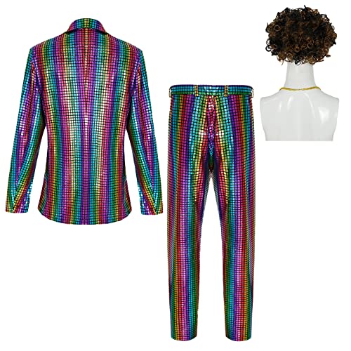 DZMDIP Men's 70s Disco Costume Shiny Metallic Sequin Suits Set Prom Party 2 Piece Outfits