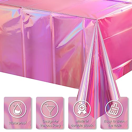 4 Pack Iridescent Pink Plastic Tablecloths, FunnyPars Shiny Disposable Laser Rectangle Table Covers, Holographic Foil Tabl...