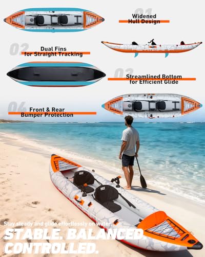 2 Person Inflatable Kayak Tandem Fishing Kayak for Adults, Portable Touring Kayak Canoe with Dual Floats, Drop-Stitch Floo...