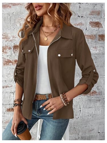 SOLY HUX Women's Zip Up Lightweight Jacket Collared Roll Up Long Sleeve Shirt Jacket Fall Casual Outerwear