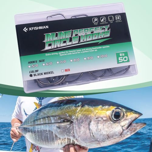 XFISHMAN-Inline-Circle-Hooks-Saltwater-Freshwater-for-Catfish-Tuna-Bass-Octopus-Hooks-Big-Hook-Fishing 50 Pack
