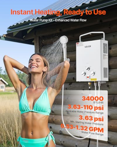 VEVOR Portable Propane Water Heater, 5L Tankless Outdoor Water Heater, 34000 BTU 1.32 GPM Instant Hot Water, with Accessor...