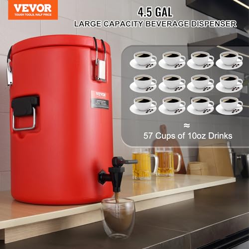 VEVOR Stainless Steel Insulated Beverage Dispenser, 4.5 Gallon 17.2 Liter, Thermal Hot and Cold Drink Server Dispenser wit...