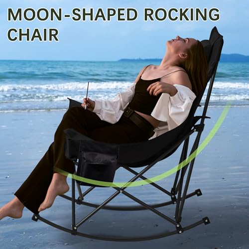 Unisakey Oversized Rocking Camping Chair with Headrest & Cup Holder - 400lbs Capacity, 600D Oxford Fabric, Easy Fold Porta...