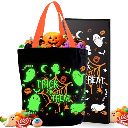 Aleture Trick or Treat Bags, Glow in The Dark Halloween Candy Canvas Tote Bag with Handle, Light Up Ghost Reusable Portable Collapsible Trick or Treat Bucket, Halloween Gifts for Kids Teens Women Men