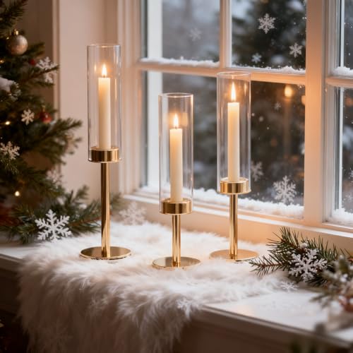 Gold Hurricane Candle Holders Set of 3, Tall Metal & Windproof Glass Taper Candle Holders, Brass Candlesticks Holder Decor...
