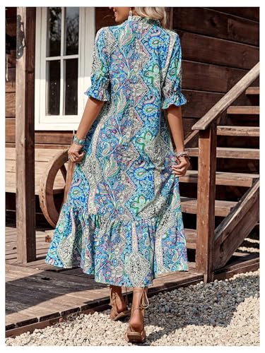 GORGLITTER Women's Paisley Print Boho Western Maxi Dress Ruffle 3/4 Sleeve Notch V Neck Vintage Ethnic Flowy Dresses