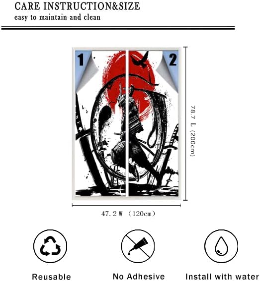 Japanese Samurai Decorative Window Film Watercolor Ink Samurai Sword Red Sun Printdining Room Window Film,Dorm Room Glass Film 23.6Wx78.7L-Inch X2Pcs