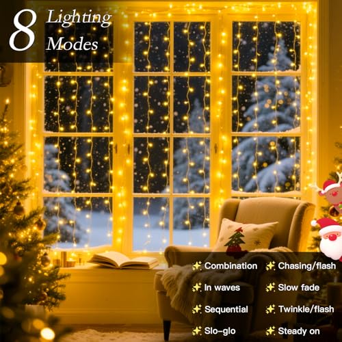 Soagrc 300 LED Curtain String Lights 9.8FT Plug in Fairy Lights with Timer and 8 Modes, Waterproof Window Wall Lights for ...