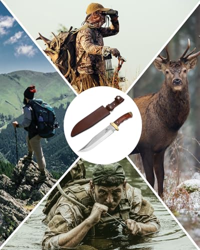Mossy Oak 14-inch Bowie Knife, Full-tang Fixed Blade, Wood Handle Hunting Knife with Leather Sheath for Camping, Hiking, S...