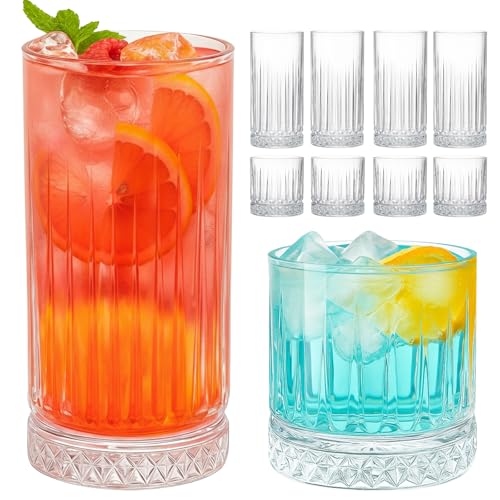 Ruckae Drinking Glasses Set of 8,15 oz and 7 oz Kitchen Water Glass Cups Set,Clear Ribbed Glassware Dishwasher Safe,Mixed ...