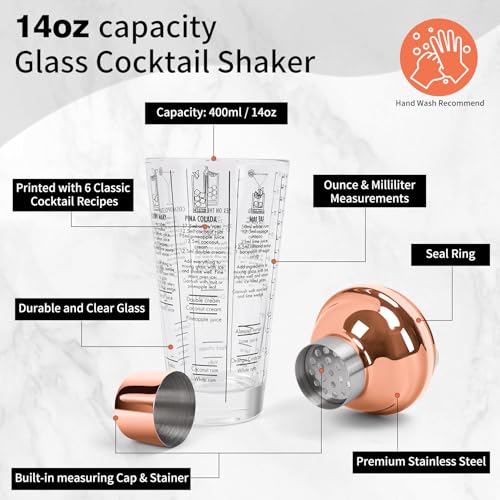 SAVORLIVING 14oz Glass Cocktail Shaker Set, Margarita Mixer-Shaker with Built-in Strainer and Measuring Jigger & Mixing Sp...