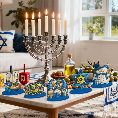 Realspring 12 Pcs Hanukkah Table Centerpieces Decor Chanukah Menorah Wooden Signs Star of David Table Topper Decor Hanukka...