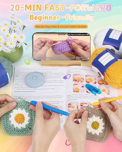 Coopay Crochet Kit for Beginners, Crochet Starter Kit for Blanket, Granny Squares Video Instructions, Easy to Learn Knitti...